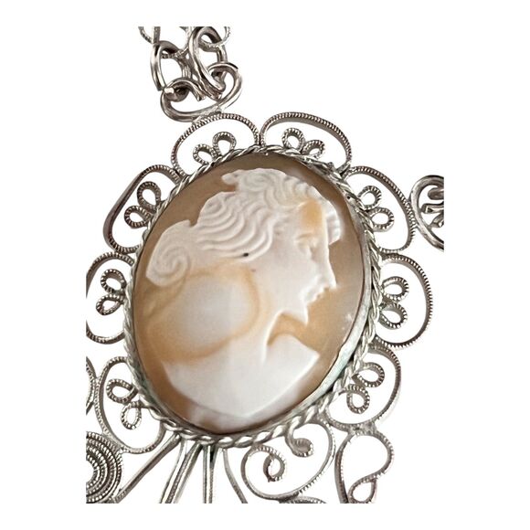 Vintage Hand Carved Cameo Necklace Filigree Victorian Revival Bezel Set Glass 9H - Picture 4 of 16